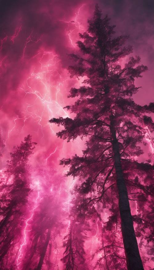 A churning pink fire storm, wild and untamed in the heart of a forest.