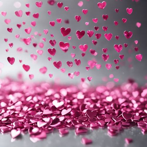 Muchos pequeños corazones de color rosa oscuro cayendo en cascada sobre una superficie plateada brillante.