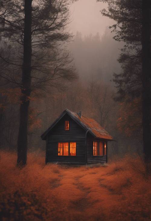 Kabin terpencil yang terletak di hutan, diterangi cahaya oranye dengan nyaman