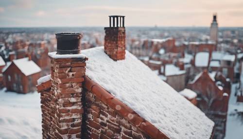 Karla kaplı bir çatı üzerinde eskimiş rustik tuğla baca.