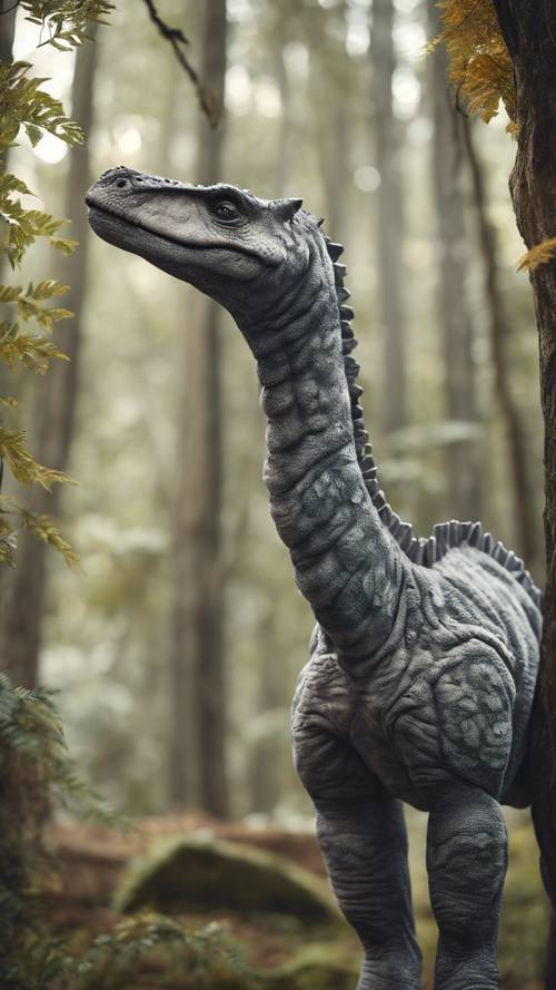 Un dinosaurio gris, alto como una jirafa, comiendo perezosamente hojas de árboles altos.