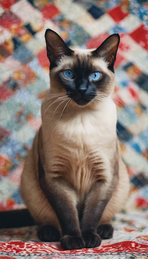 Um gato siamês adulto em uma pose calma com um fundo de padrões de colchas vintage.