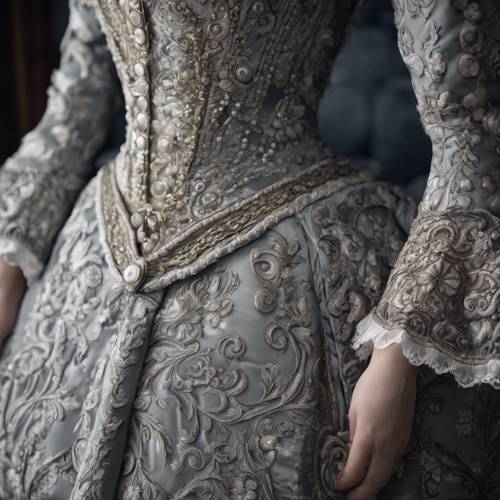 Heavily ornate gray baroque pattern on a Victorian gown.