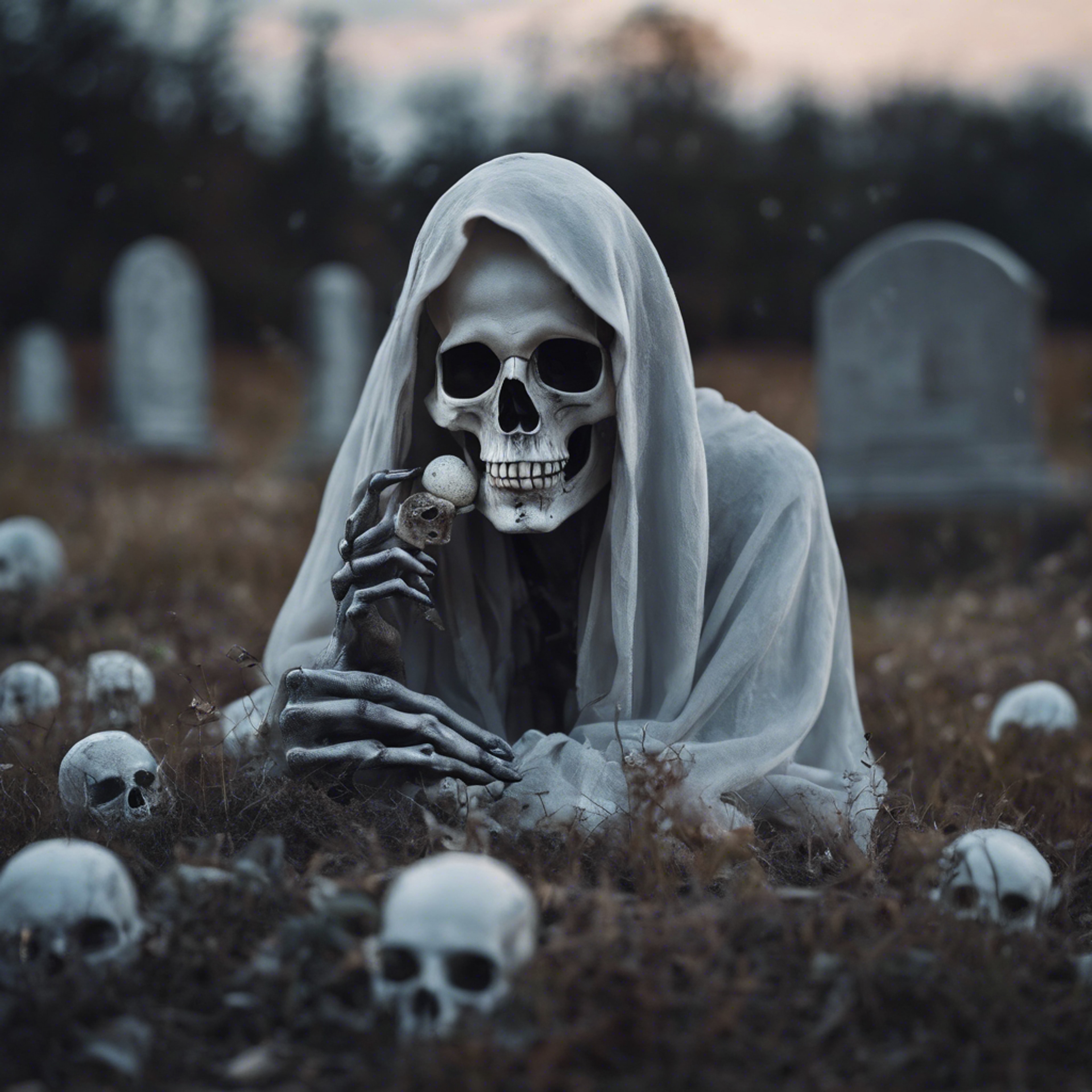 An ethereal ghost holding a gray skull in graveyard under the light of the full moon. Wallpaper[0d793a13818b4b628b9f]