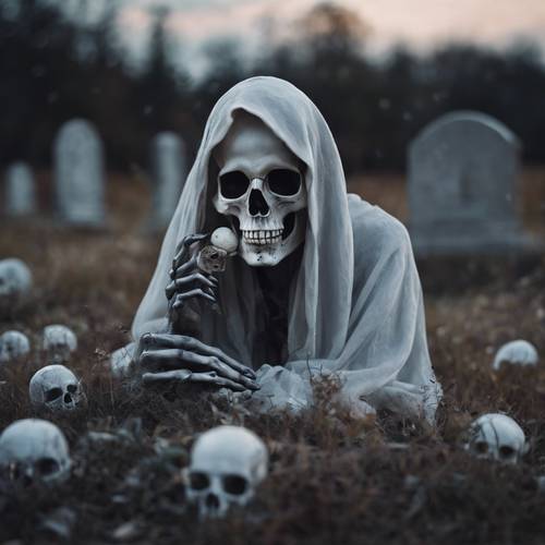 Un fantasma etéreo sosteniendo una calavera gris en el cementerio bajo la luz de la luna llena.