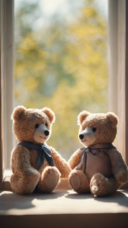 Una coppia di simpatici orsacchiotti vecchio stile seduti sul davanzale di una finestra illuminata dal sole.