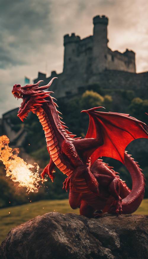 Ein roter Drache, der auf einschüchternde Weise Feuer in Richtung einer mittelalterlichen Burg spuckt.