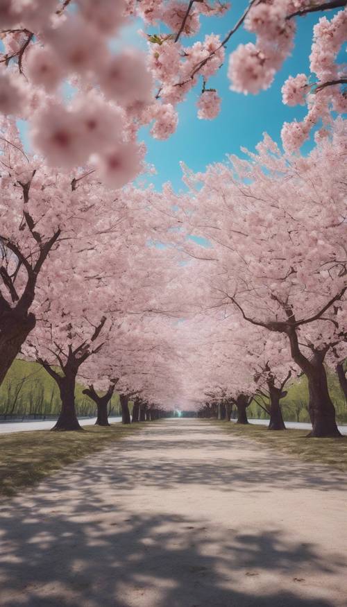 Un vaste champ de cerisiers roses en fleurs sous un ciel bleu clair.