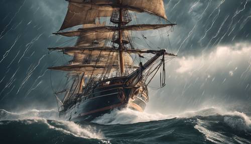 A breathtaking picture of a large sailing ship weathering a violent storm on a raging ocean with lightning illuminating the scene.