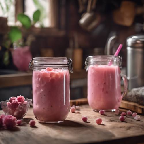 A photo-like image of a homemade pink boba served in a cozy, rustic kitchen.