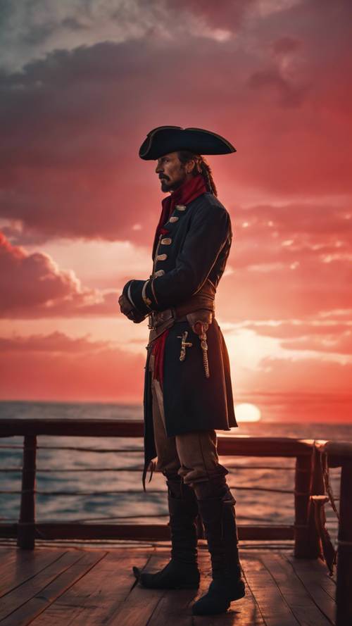 Um capitão pirata parado no convés de seu navio, observando o mar, com um pôr do sol vermelho ao fundo.