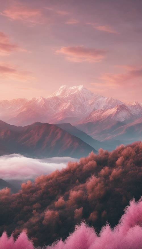 A breathtaking vista of a boho-style mountainous landscape during sunset, with fluffy white clouds tinted pink in the sky.