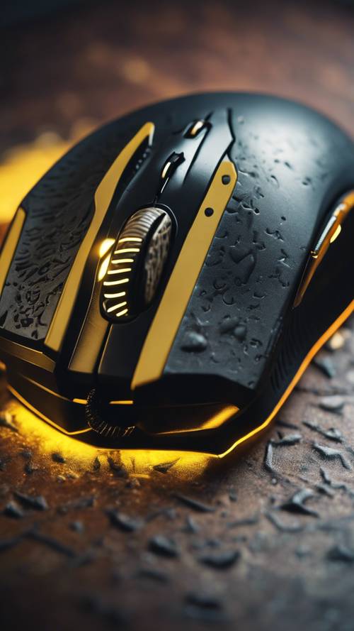 A detailed close-up of a black gaming mouse with yellow scroll wheel and side buttons, on a pad depicting a stunning fantasy game scene.