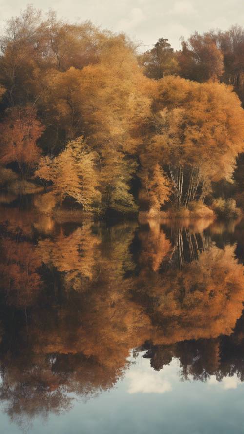 물에 반사된 가을 나무로 둘러싸인 고요한 호수의 초현실적인 이미지와 표면에 작고 부드럽게 떠다니는 나뭇잎이 있습니다.