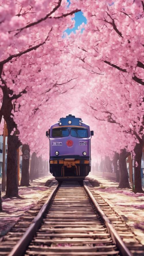 Pociąg anime przejeżdżający obok eksplozji różowych kwiatów wiśni.