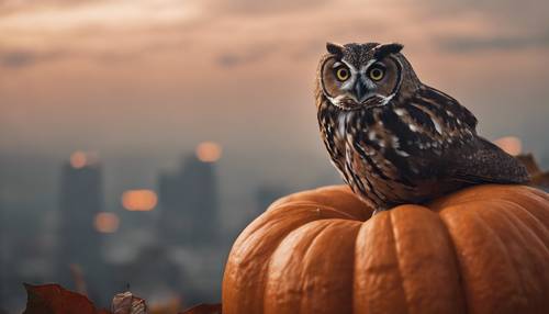 A brown owl perched on an orange pumpkin during a cloudy dusk. Tapeta [923891a8fc644966b44c]