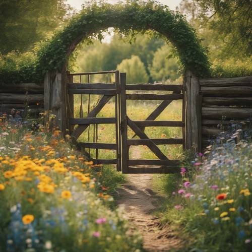 An old, worn-out wooden farmer’s gate leading to a captivating, cottagecore pasture overflowing with colorful wildflowers. Wallpaper [10c161f74c86421d8c2b]