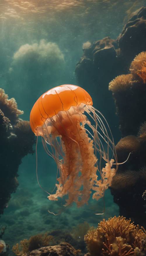 一隻孤獨的橙色水母在廣闊的珊瑚礁背景下，它柔軟的繖形鐘隨著每股柔和的水流而脈動。