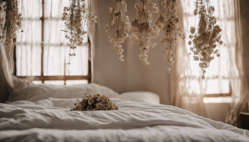 Luz natural iluminando um elegante quarto de chalé, com lençóis de linho, cortinas de renda e tapeçarias de flores secas na parede.