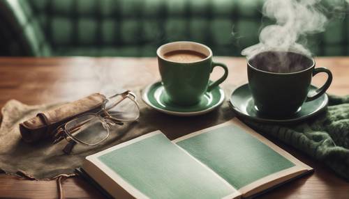 Un libro encuadernado en cuero junto a una taza de café humeante sobre un mantel individual a cuadros de color verde salvia.