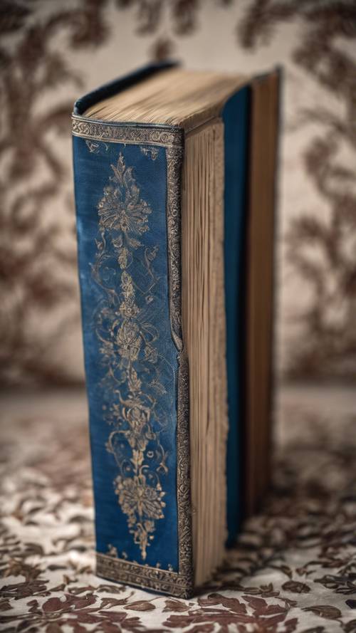 Um livro antigo encadernado em tecido adamascado azul.