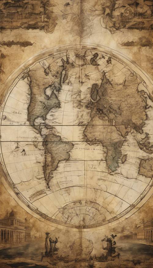 一张古老的世界地图，历经岁月风化，细节复杂。