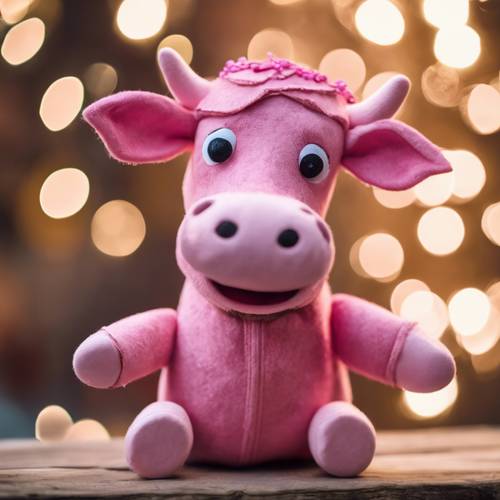 Boneka sapi merah muda yang dibuat dengan baik untuk teater wayang kulit.