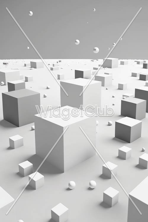 Cubos e esferas brancas em uma paisagem 3D