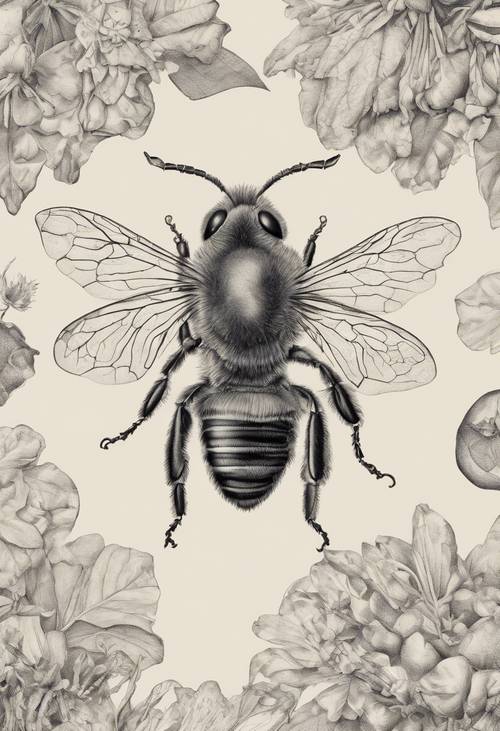 Un dessin scientifique détaillé d’une abeille, rappelant les gravures de flore et de faune victoriennes.