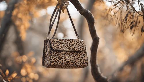 A stylish bag in leopard print hanging on a tree branch