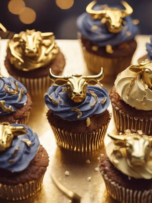 Una panadería con temática de Tauro que exhibe deliciosos cupcakes, cada uno cubierto con adornos dorados comestibles de Taurus.
