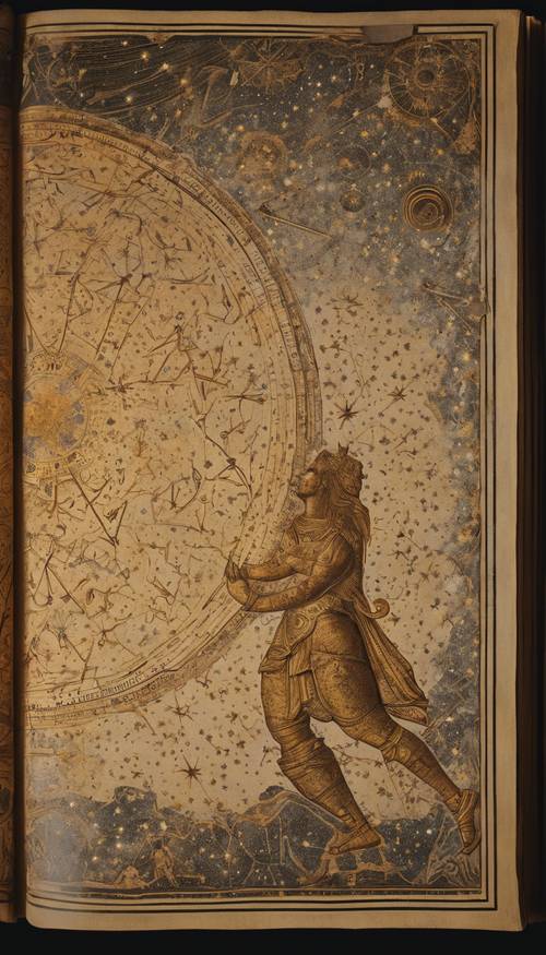 Un dio celeste che traccia le stelle in un antico libro di astronomia bordato d&#39;oro su uno sfondo cosmico, con costellazioni vicine che brillano intensamente.