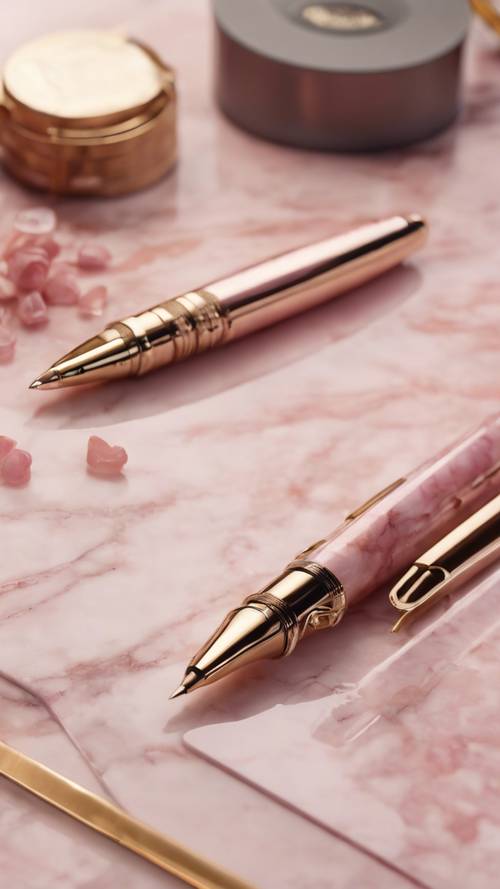 Długopis do podpisu na różowym marmurowym biurku.