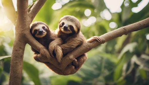 Two baby sloths playing together on a large, leafy tree branch.