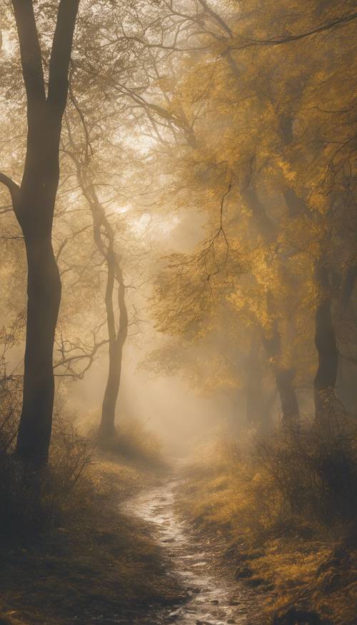 A misty landscape scene in early morning with delicate light yellow hues.