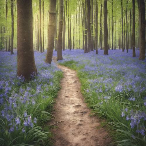 A watercolor-style image of a path leading through a bluebell forest.