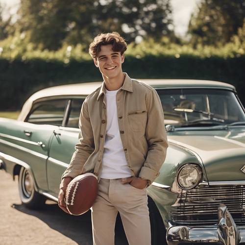 Un giovane uomo in abiti preppy in piedi accanto a un&#39;auto d&#39;epoca, sorridente e con in mano un pallone da calcio.