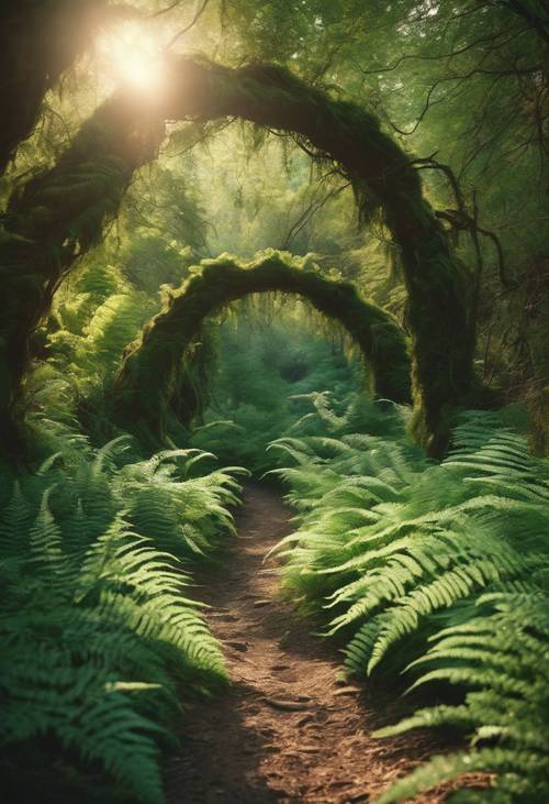 ทางเดินในป่าเก่าแก่ที่มีซุ้มเฟิร์นสีเขียวเสจอาบแสงแดดที่กระจายตัว