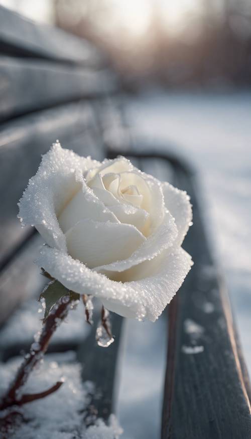 A single white rose, kissed by frost on a snowy morning, left forgotten on park bench.