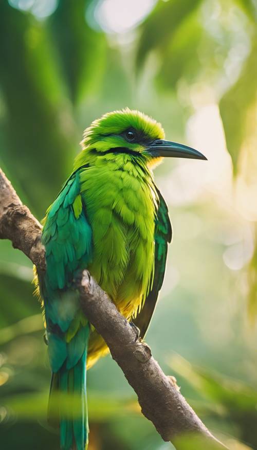 A vibrant green bird with wide spread feathers, perched on a tropical branch in the morning sunlight.