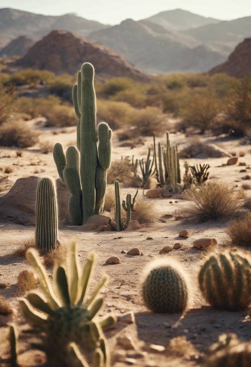 Пыльная пустынная долина с кактусами под палящим полуденным солнцем.