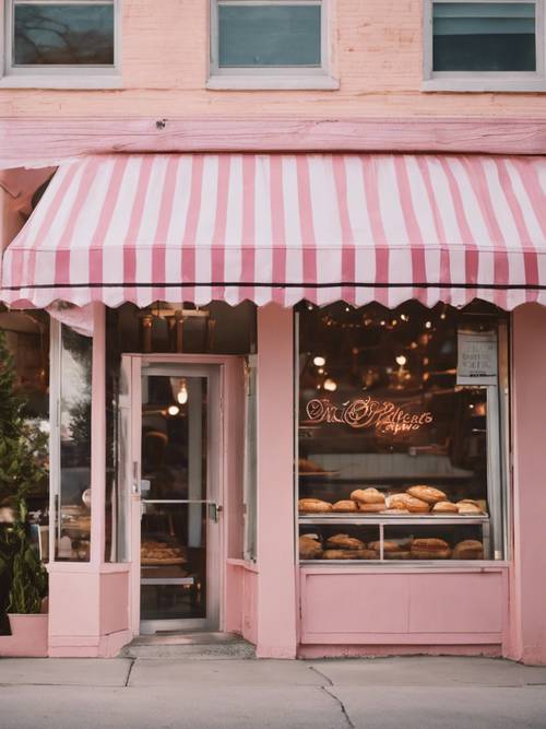 Местная пекарня с розовым клетчатым навесом.