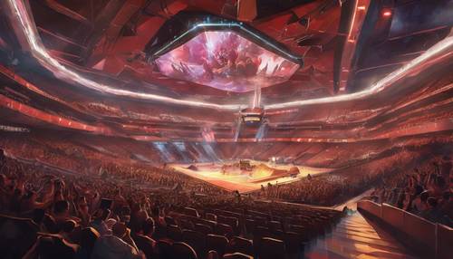 Ein energiegeladenes E-Sport-Event in einem großen Auditorium mit riesigen Bildschirmen und jubelnden Fans. Hintergrund [10cc33756b104f63aa84]