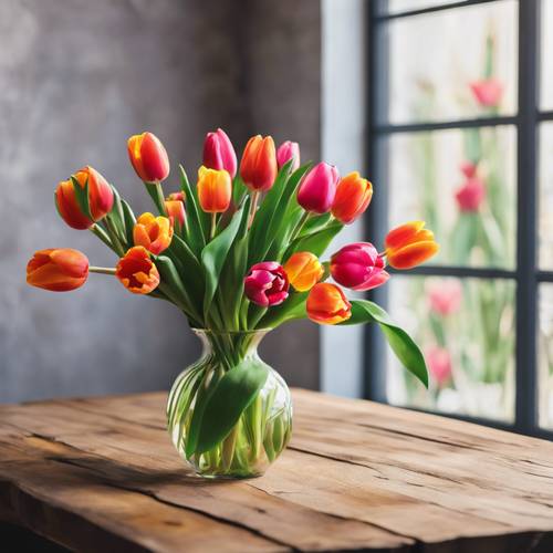 A still-life of a vase filled with vibrant tulips on a wooden table.