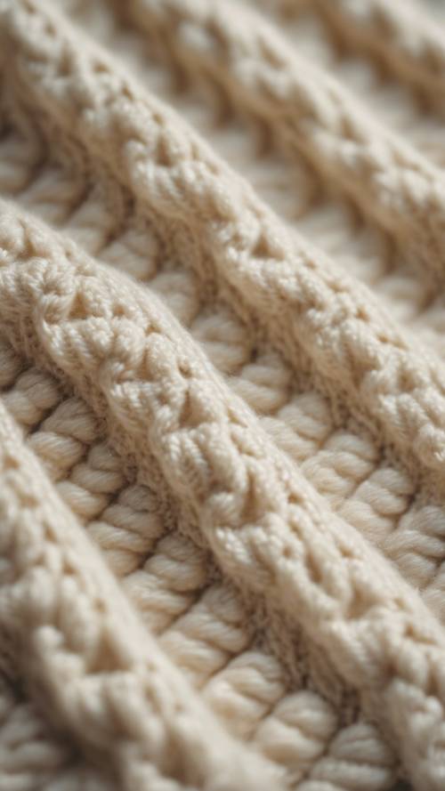 Vista aproximada de um suéter de cor creme, mostrando seu padrão de malha texturizada.