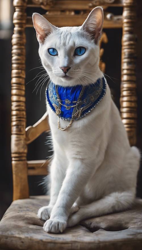 A stunning white Egyptian Mau adorned with a tiny royal blue collar, majestically seated on an antique wooden chair.