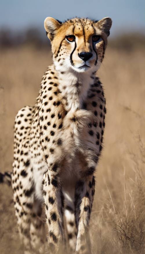 Seekor cheetah ditutupi bulu biru berdiri di sabana terbuka di bawah sinar matahari cerah.