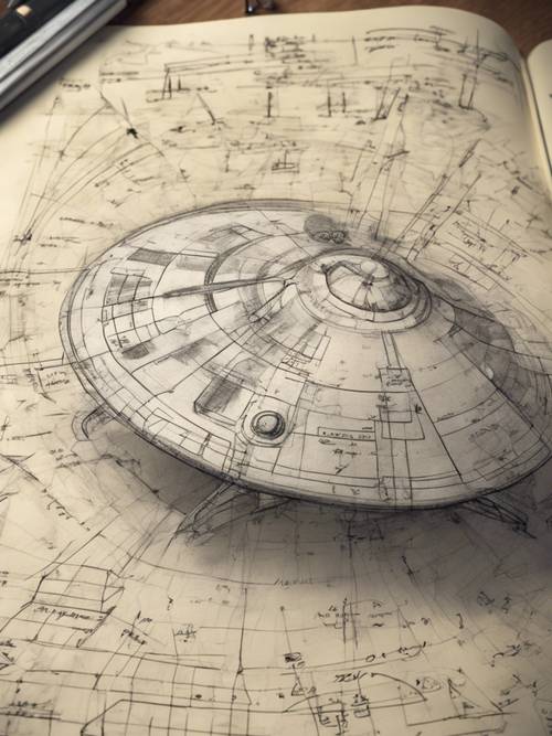 A spaceship diagram sketched in pencil on a rough page of an engineer's notebook, strewn with calculations and annotations.