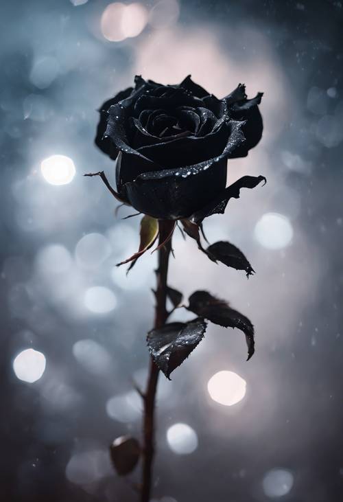 Une rose noire fanée sous le clair de lune