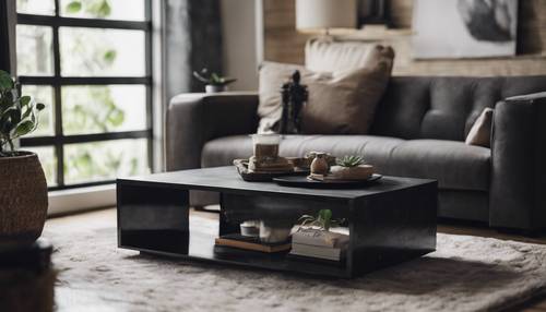 좀 더 아늑한 거실에 광택 표면이 돋보이는 블랙 콘크리트 커피 테이블이 있습니다.